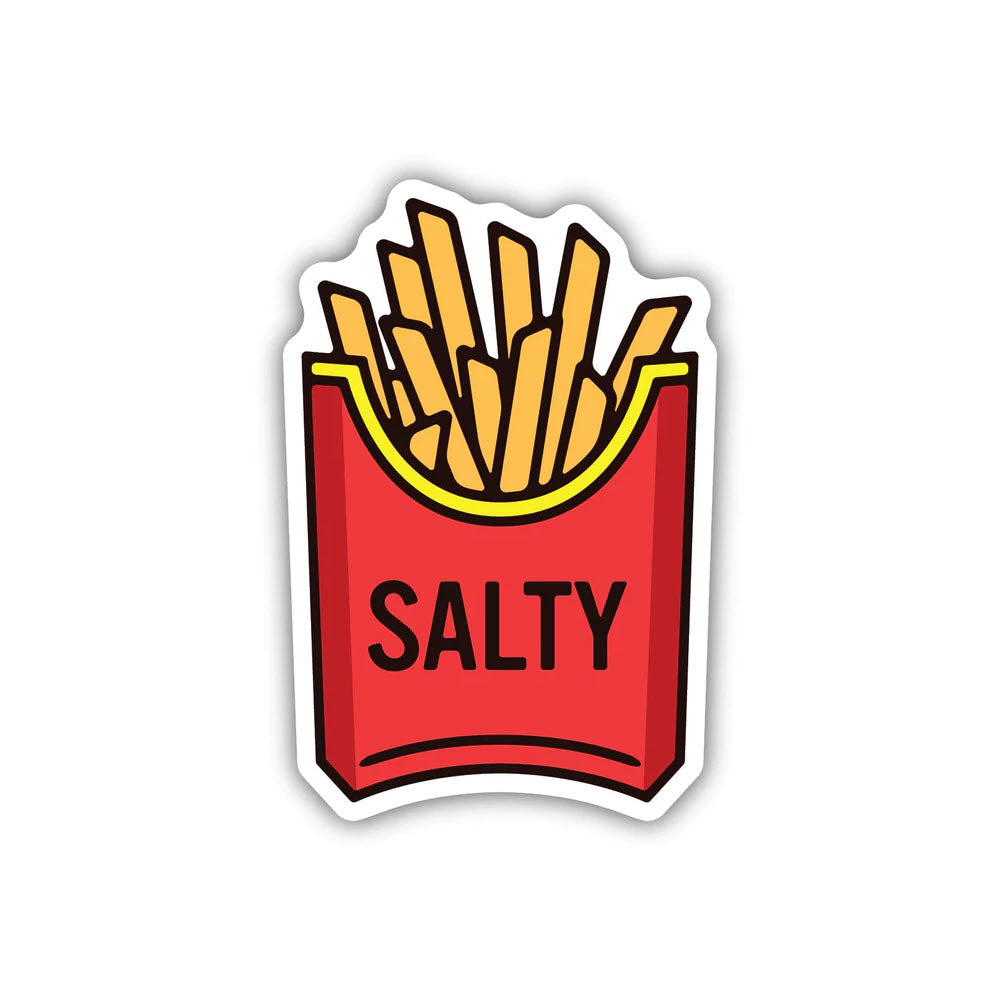 Illustration of a STICKERS NORTHWEST SALTY weather-proof sticker featuring a french fry container with the word "salty" on it, made in USA.