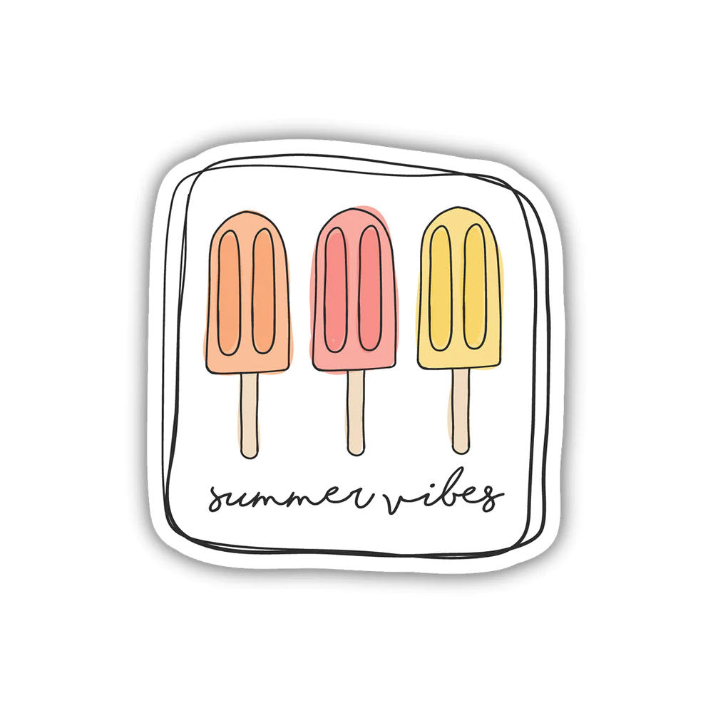 Illustration of three popsicles in orange, pink, and yellow colors with the text &quot;summer vibes&quot; written below, on a white square Stickers Northwest Summer Vibes weather-proof sticker with rounded corners.