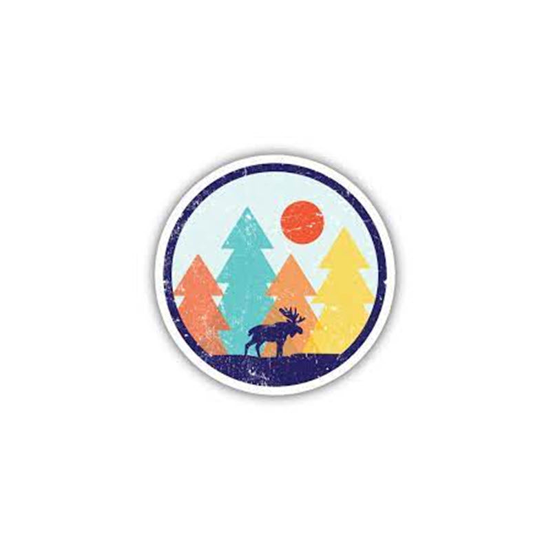 A Stickers Northwest featuring a colorful forest and a moose silhouette under a stylized sunset, made in the USA.