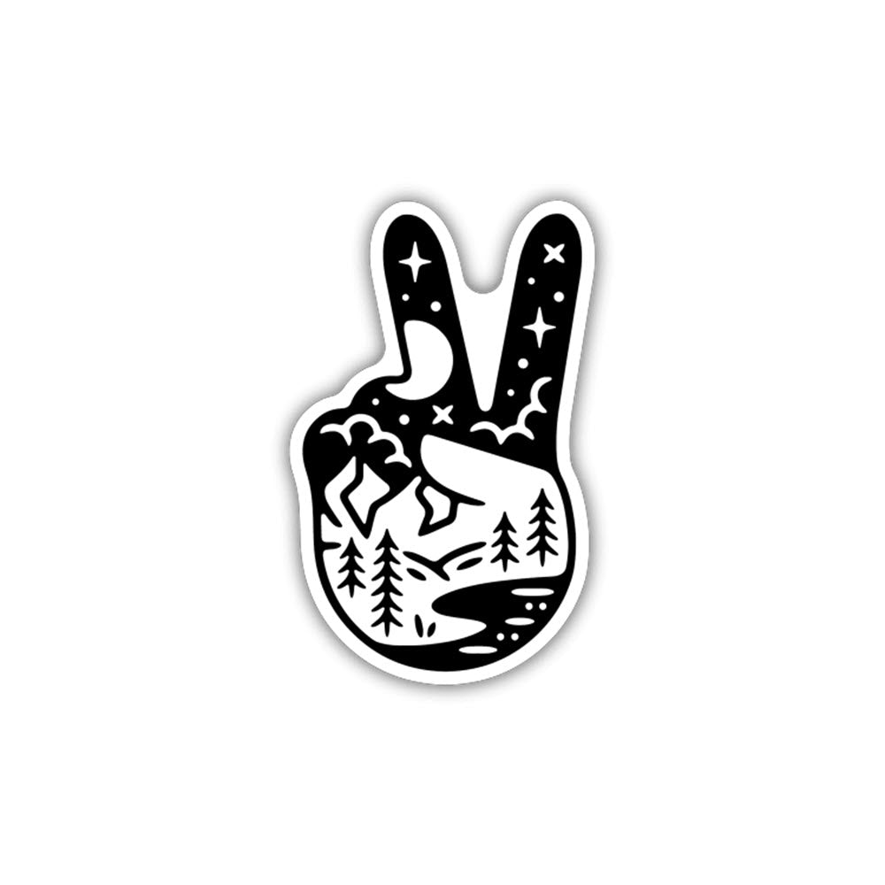 Black and white Stickers Northwest peace hand sticker featuring a nature-themed silhouette design with stars, trees, and a mountain landscape. Made in the USA.