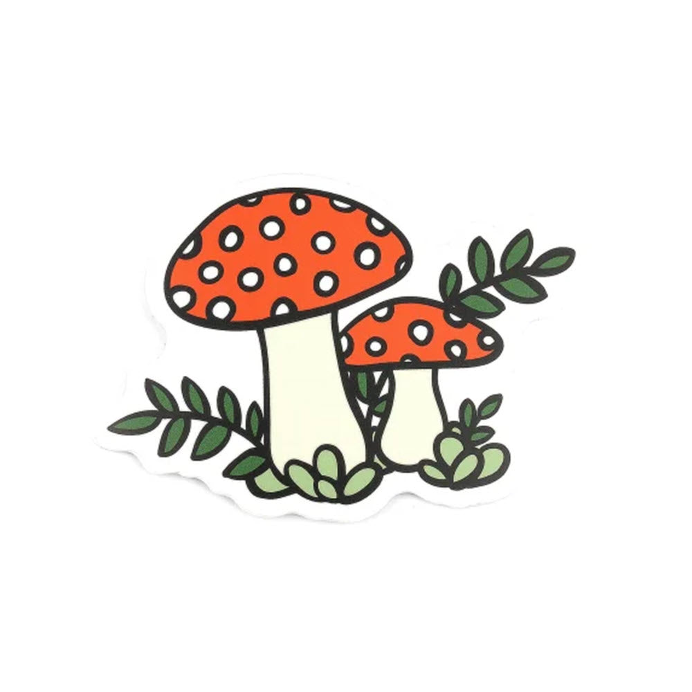 Two STICKERS NORTHWEST red mushrooms with white spots and green leaves on a weather-proof sticker with a white background. Made in USA.