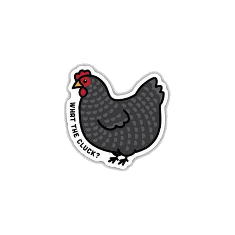 Weather-proof STICKERS NORTHWEST WHAT THE CLUCK featuring an illustration of a chicken with the pun &quot;What the cluck?&quot;, made in the USA.