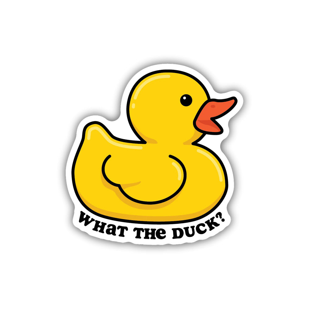 Illustration of a rubber duck with the phrase "STICKERS NORTHWEST WHAT THE DUCK" as a weatherproof sticker by Stickers Northwest.
