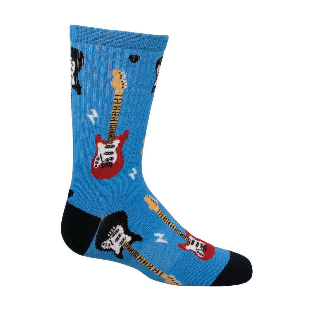 A single SOCKSMITH GUITAR SHREDDER CREW SOCKS BLUE - KIDS adorned with multiple colorful electric guitar illustrations, perfect for rocking out, featuring a black heel and toe.
