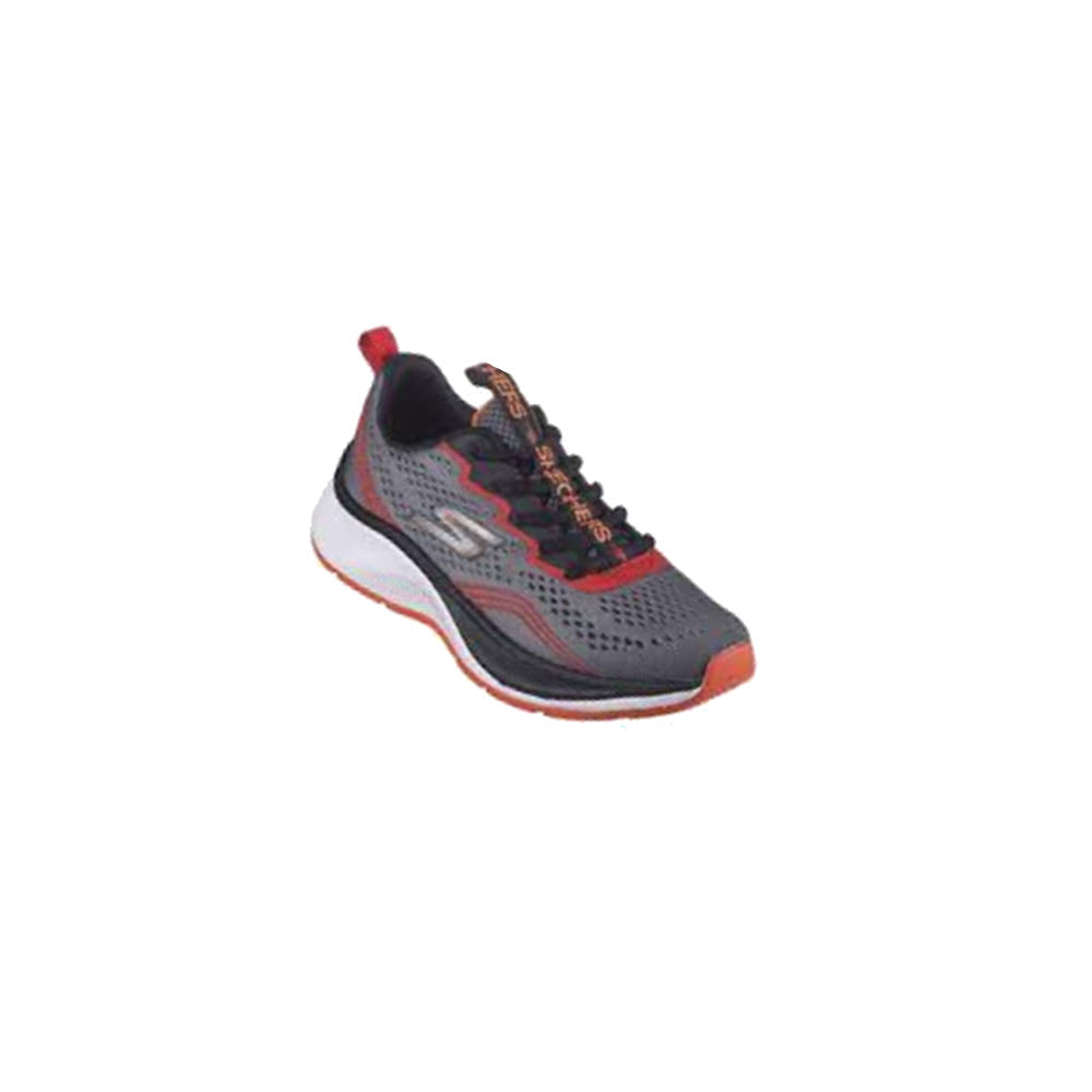 A single Skechers Elite Sport Charcoal/Red kids running shoe with engineered mesh upper and cushioned insoles, displayed on a white background.