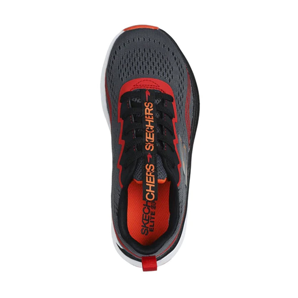 Top view of a Skechers Elite Sport Charcoal/Red - Kids sneaker, displaying the Skechers logo and lace-up design with a cushioned insole.