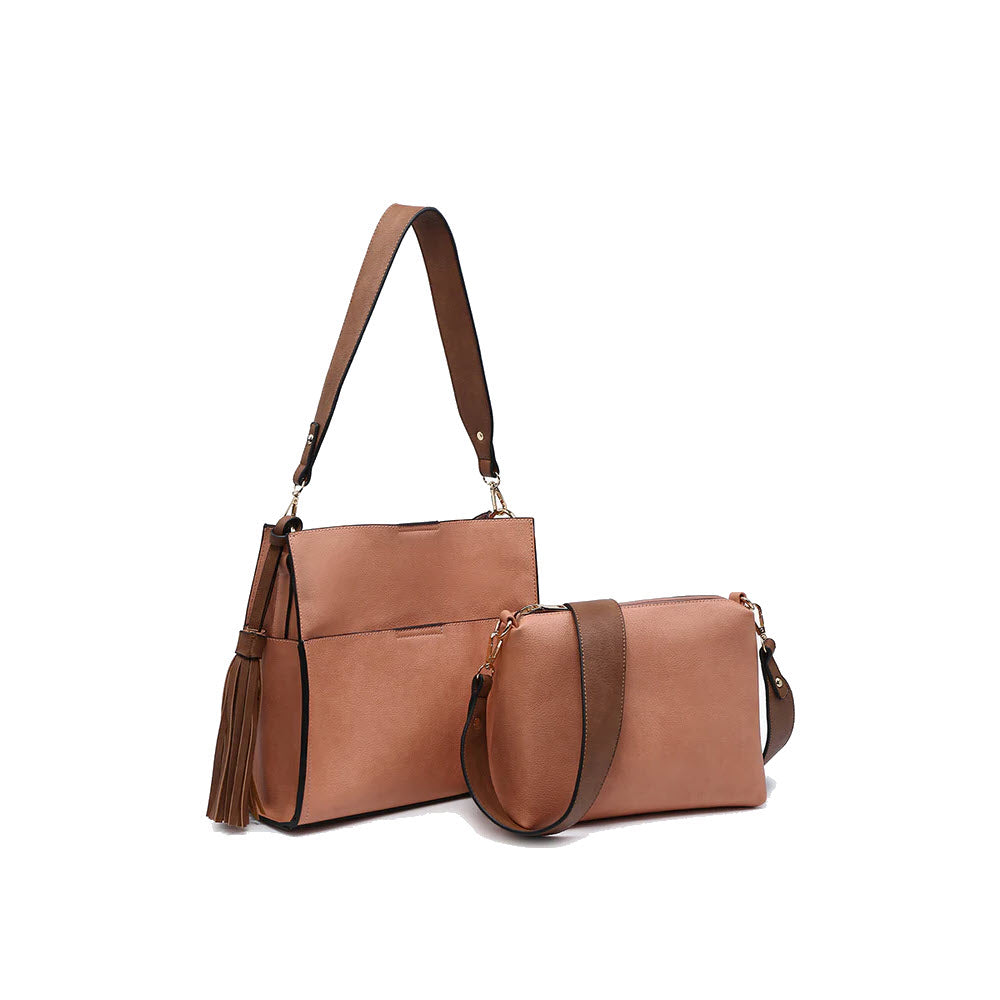 Two brown JEN & CO LYLA SHOULDER APRICOT vegan leather handbags, one with a tassel and adjustable strap, displayed against a white background.