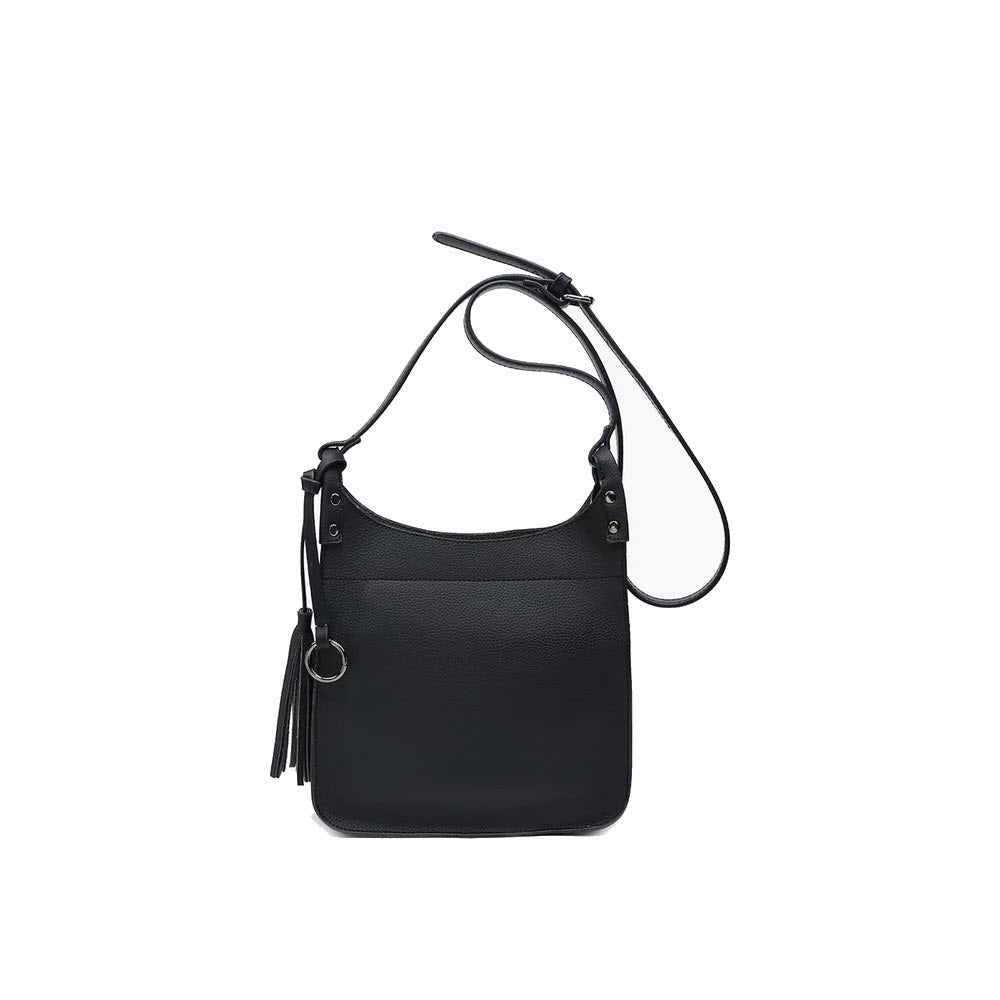 Jen &amp; Co. Lucinda crossbody black with a tassel hanging from one side, showcased against a plain white background.