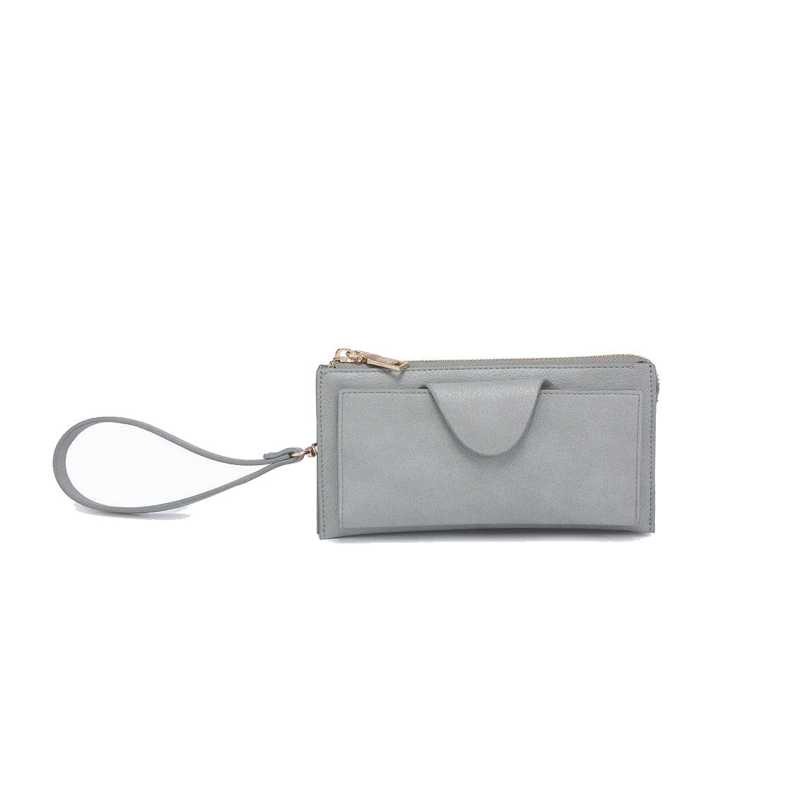 A stylish JEN & CO KYLA WALLET DUSTY BLUE wristlet wallet with a zipper and external pocket, centered against a white background.