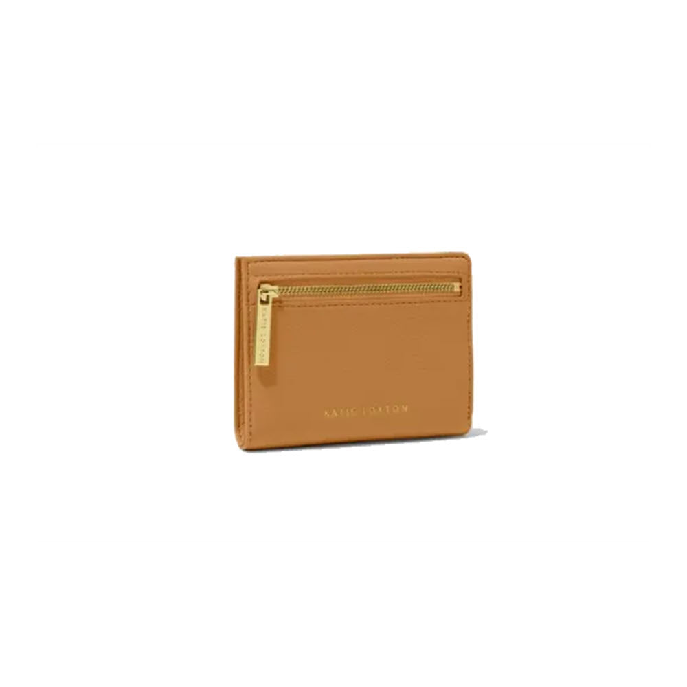 A tan vegan leather wallet with a zip front closure, branded with &quot;Katie Loxton&quot; on the front, displayed against a white background.