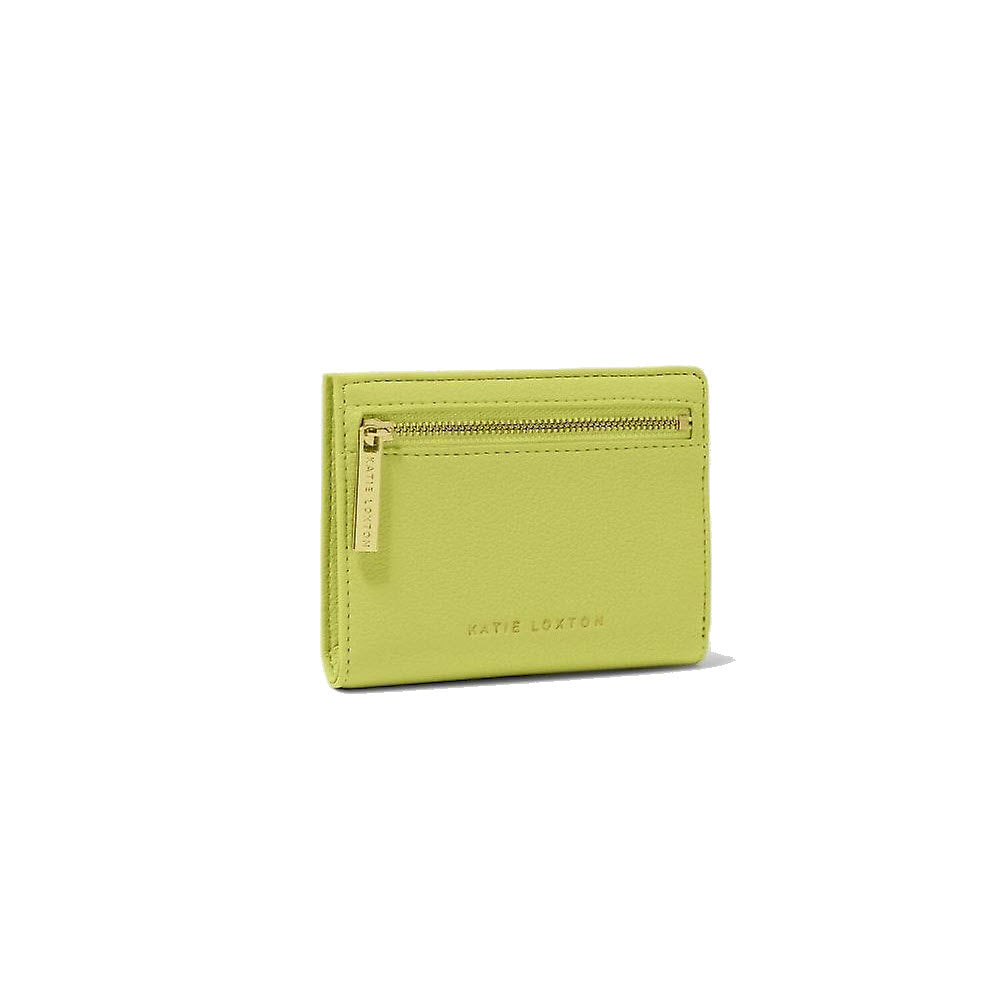 Katie Loxton lime green vegan leather Jayde Wallet with zip front closure and embossed branding, on a white background.