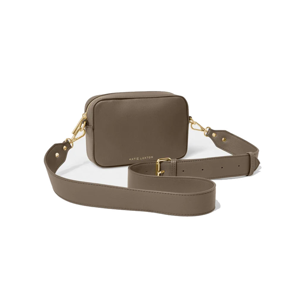 A mink-colored Katie Loxton Zana Mini Crossbody Bag with a structured design, golden hardware, and an adjustable detachable crossbody strap, displayed on a white background.