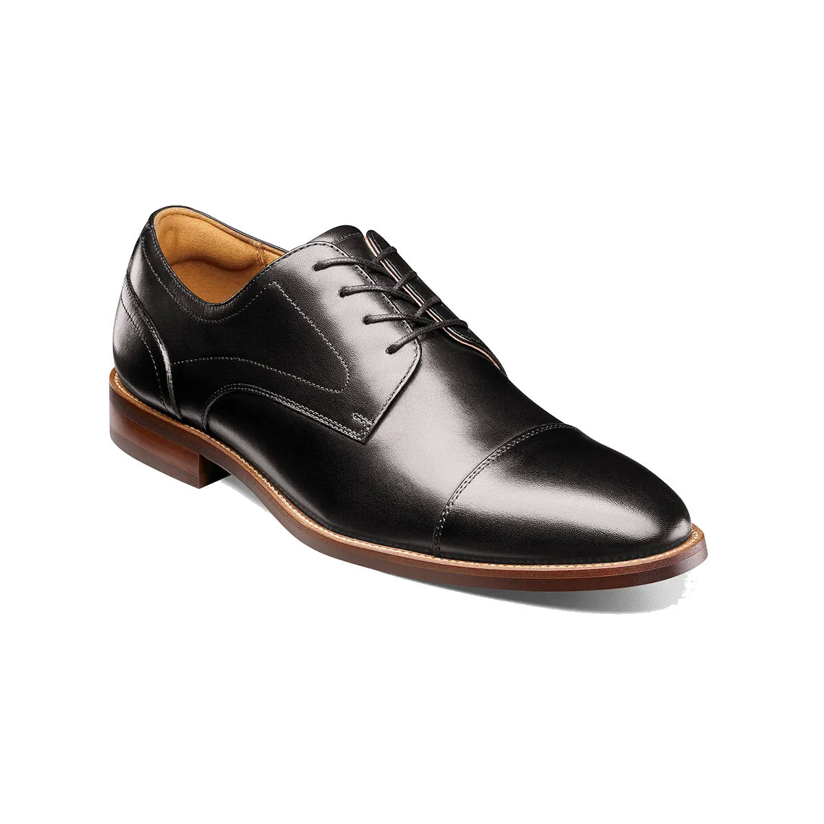 A single Florsheim FLORSHEIM RUCCI CAP TOE OXFORD BLACK - MENS, crafted from black leather with laces, displayed on a white background.