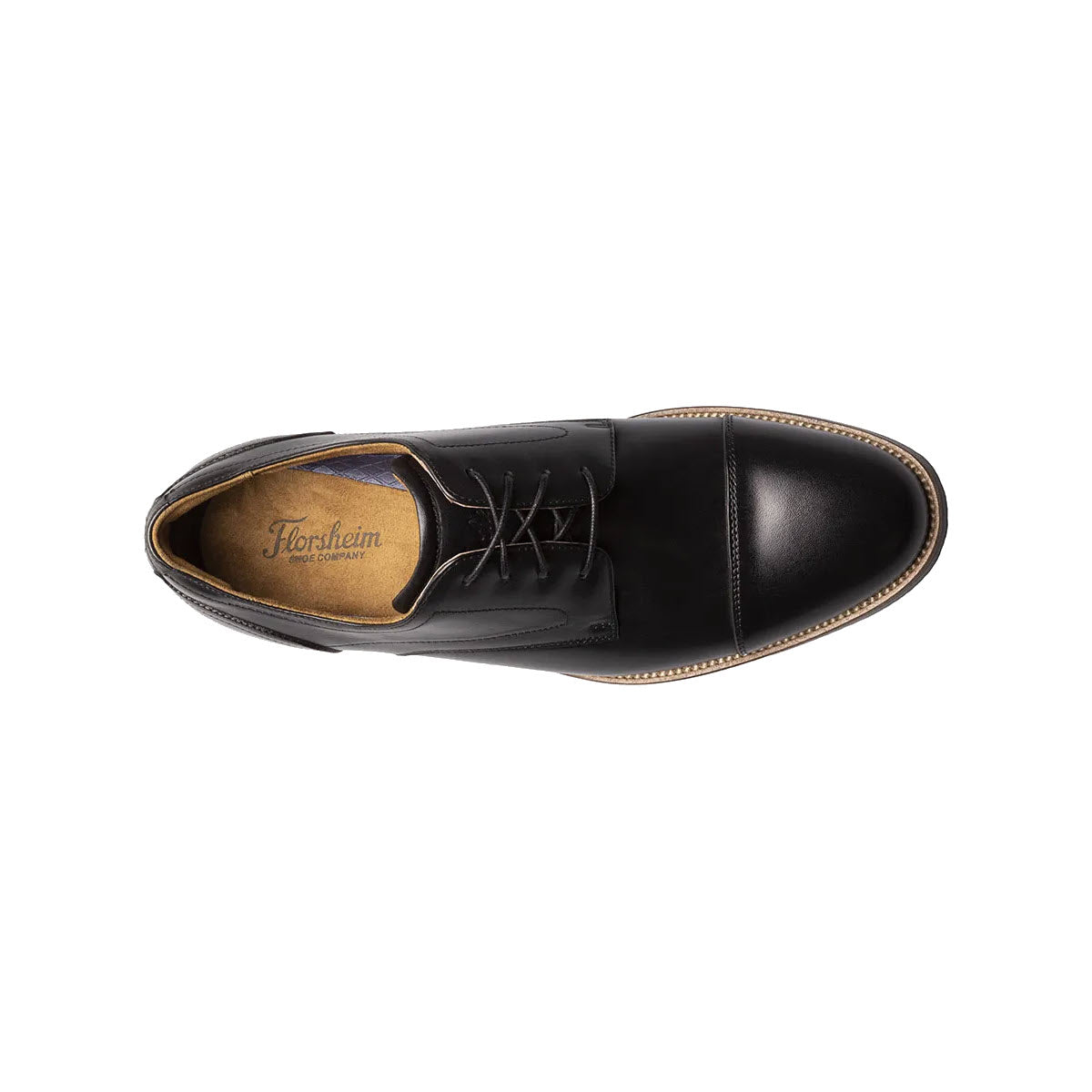 Top view of a single black leather Florsheim FLORSHEIM RUCCI CAP TOE OXFORD BLACK - MENS with laces, featuring gold interior branding.