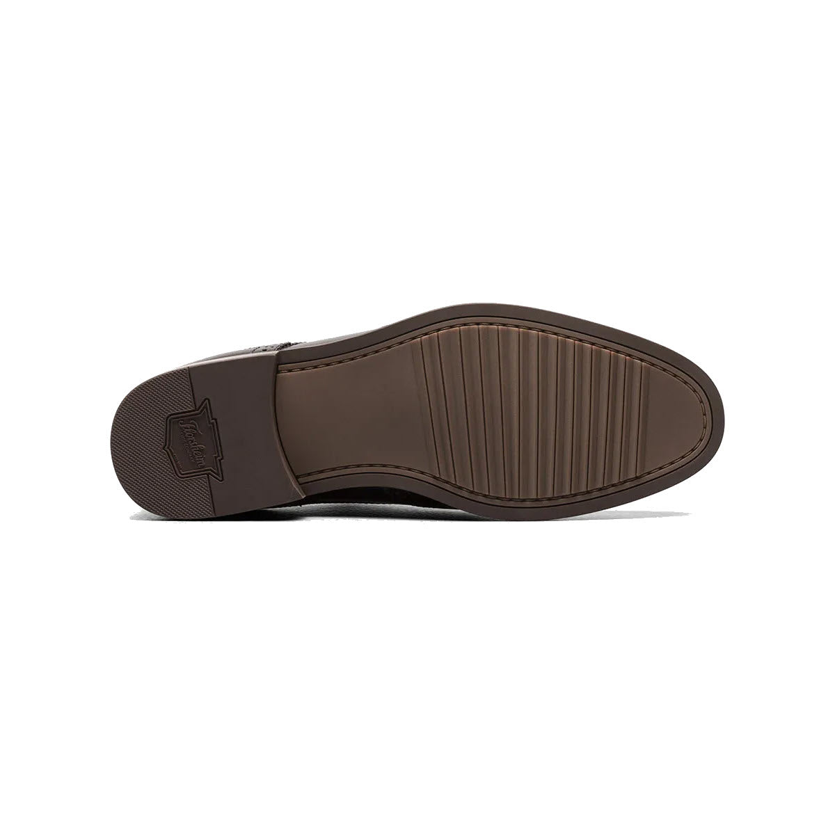 Brown sole of a Florsheim FLORSHEIM RUCCI CAP TOE OXFORD BLACK - MENS with logo imprint and ribbed design, shown against a white background.