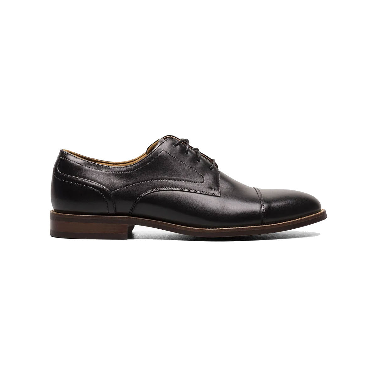 A single black leather Florsheim FLORSHEIM RUCCI CAP TOE OXFORD BLACK - MENS with lace-up front and brown sole, isolated on a white background.
