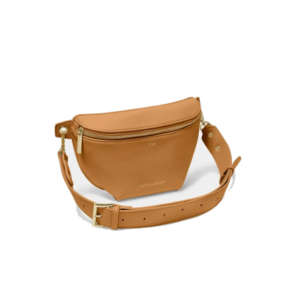 Katie Loxton Maya Belt Bag Tan with adjustable strap and front zipper, isolated on a white background.