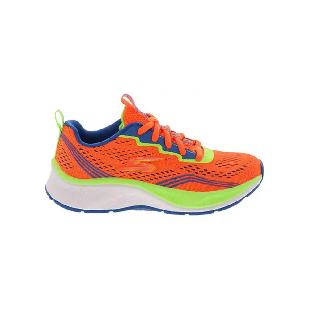 Bright orange athletic shoe with blue and neon green accents, white cushioned sole, blue outsole, and orange laces. Features a mesh upper for breathability and a loop at the heel.