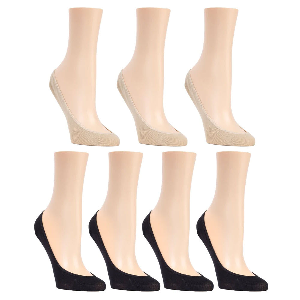 Seven mannequin feet display no-show socks; four are beige and three are black, arranged in two rows against a white background.