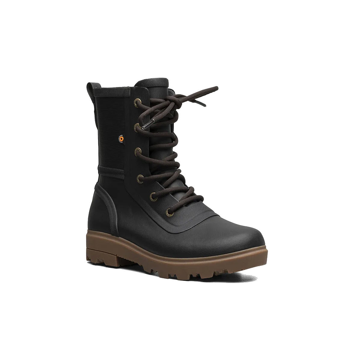 Black lace-up boot with a high top design and brown rubber sole, featuring waterproof Bogs Holly Rain Lace Tall Black boots technology, displayed against a white background.