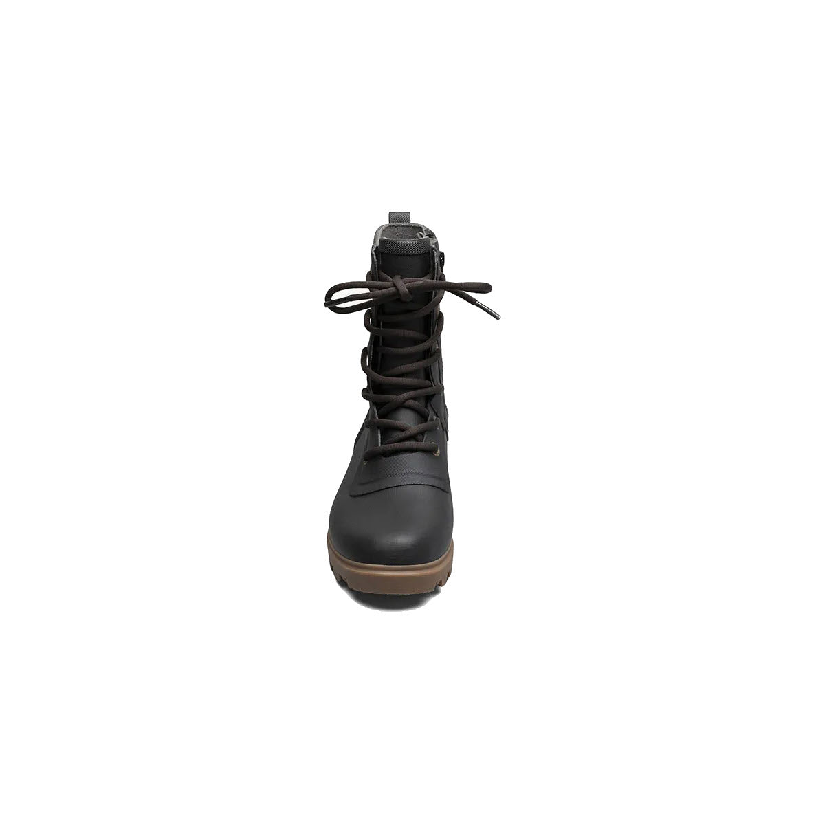 Black lace-up combat boot with a sturdy sole and Bogs Rebound Cushioning, viewed from the front on a white background.