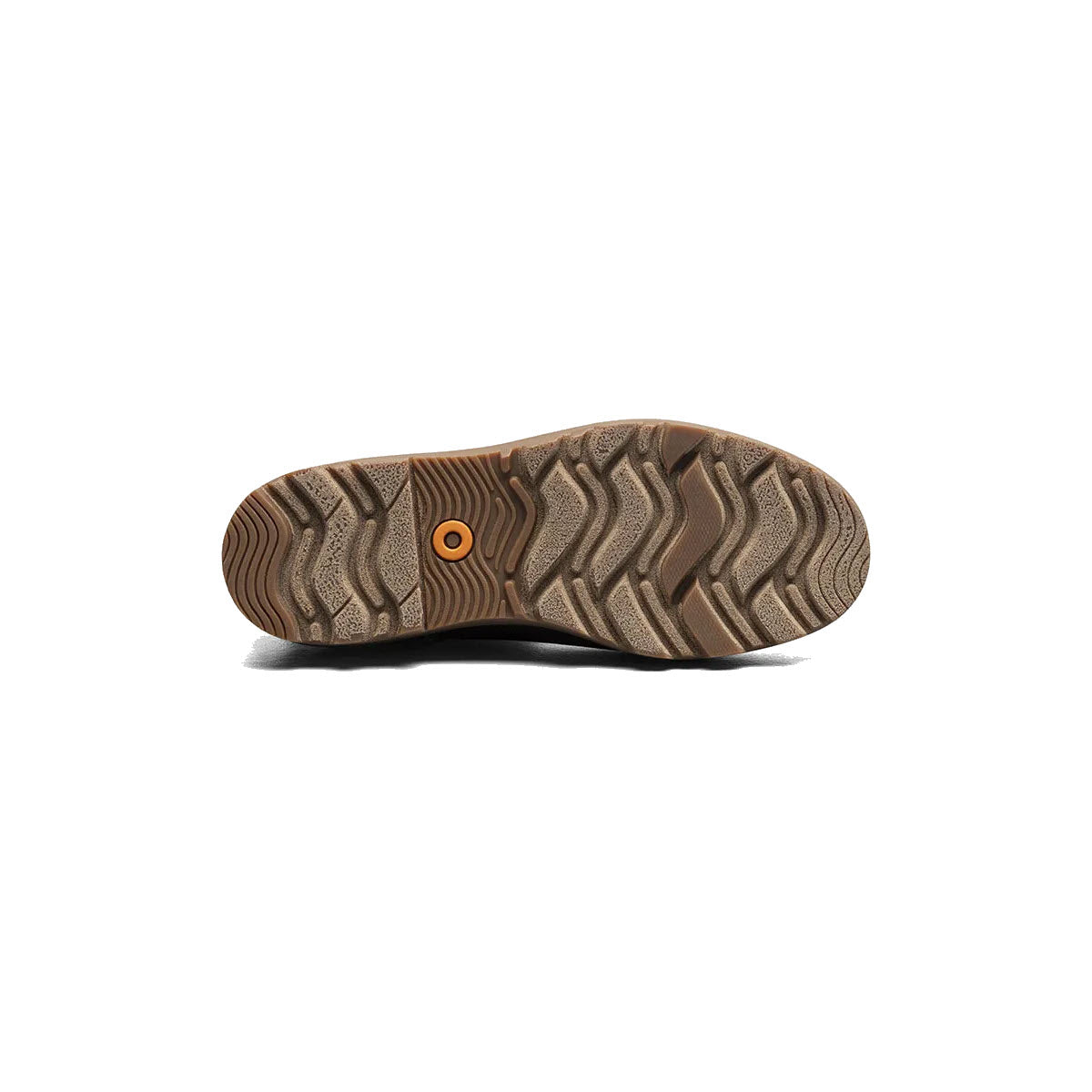 Bottom view of a Bogs shoe sole with intricate tread pattern and a small orange circular detail in the center, featuring BOGS Rebound Cushioning.