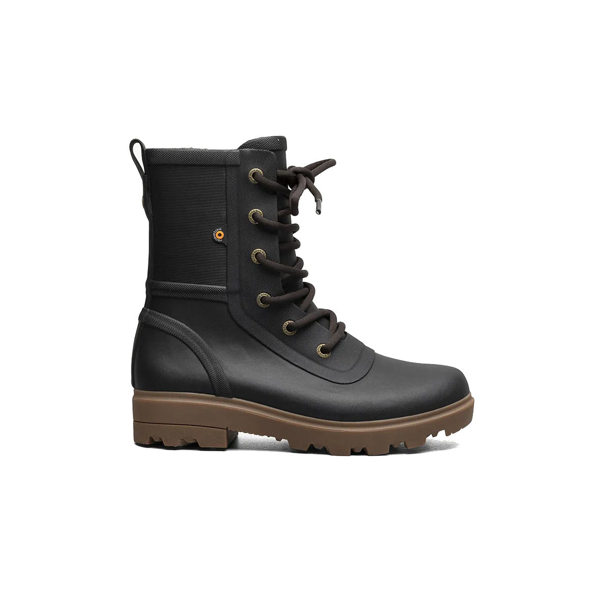 A black lace-up combat boot with metal eyelets and a chunky brown sole, displayed against a plain white background, featuring waterproof Bogs Holly Rain Lace Tall Black boots.