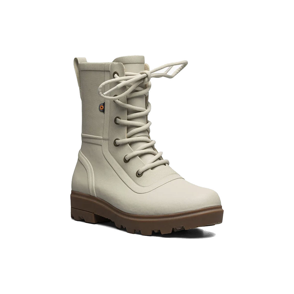 A single light gray combat-style boot with thick rubber soles and Bogs Algae footbeds on a white background.