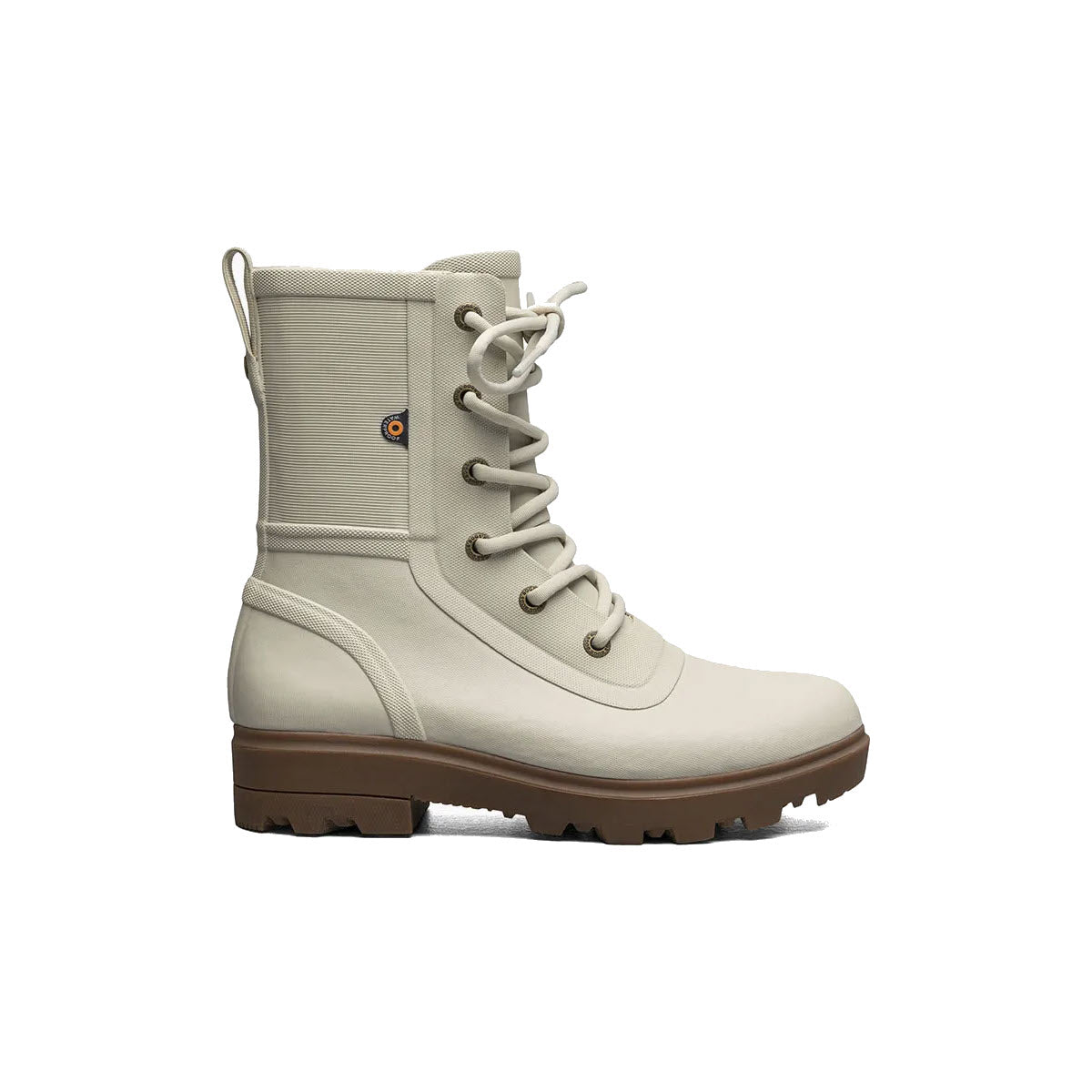 A light beige waterproof BOGS HOLLY RAIN LACE TALL OATMEAL boot with laces and a small orange logo on the side, set against a plain white background.