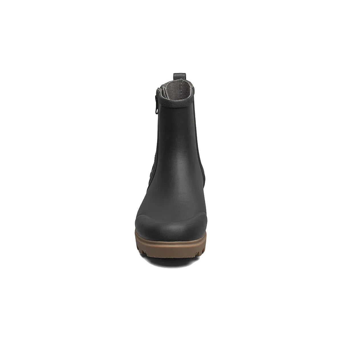 A single Bogs Holly Rain Zip Black - Womens boot with a brown, waterproof sole, viewed from the front against a white background.