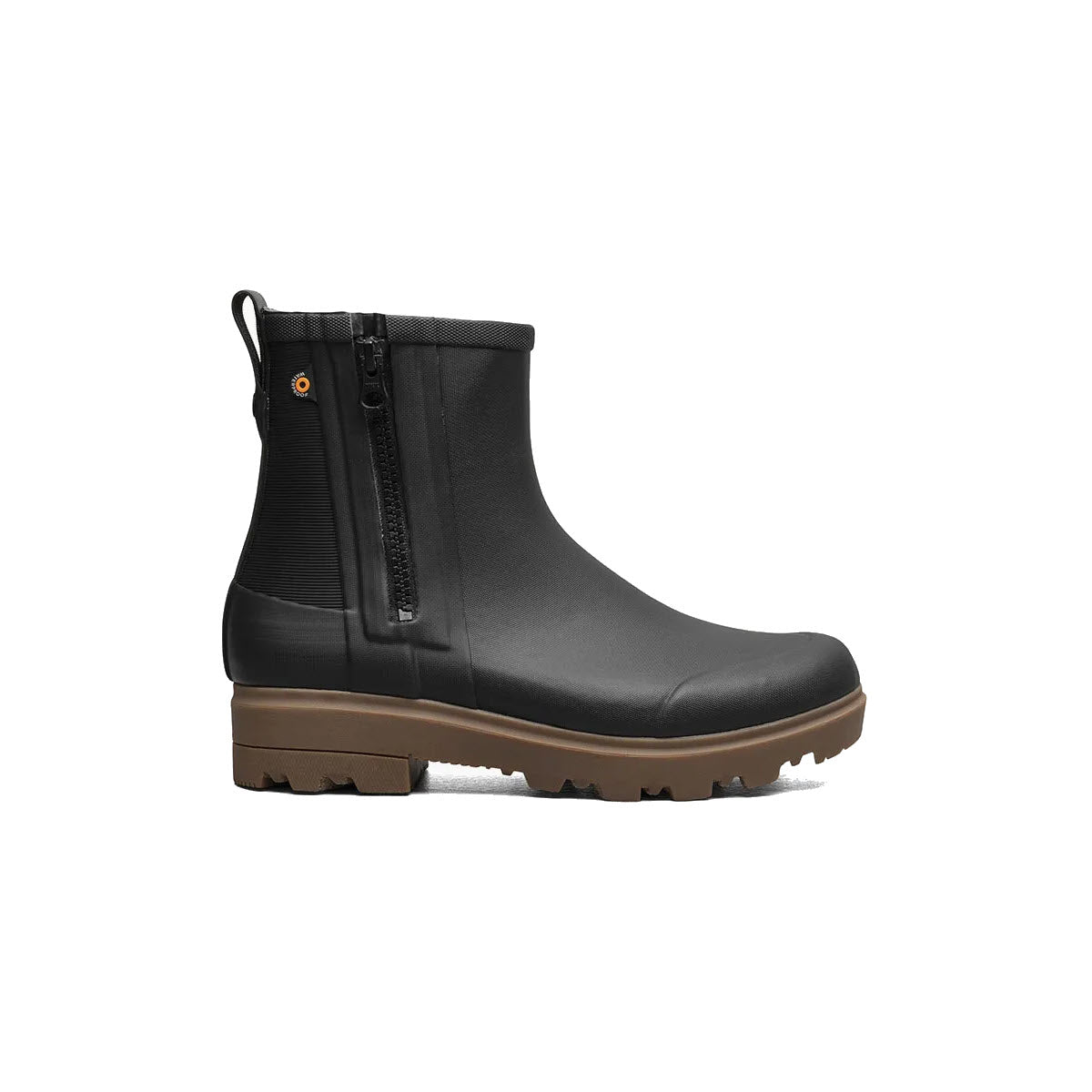 Bogs black leather waterproof ankle boot with a brown sole, featuring a zipper on the inner side and a pull tab on the back.