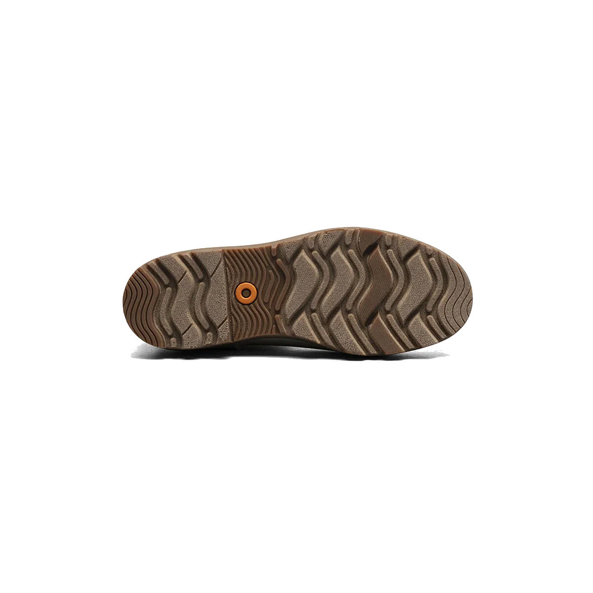 A photo of the bottom of a shoe showing a brown wavy tread pattern with an orange circular detail and Bogs Rebound Cushioning.