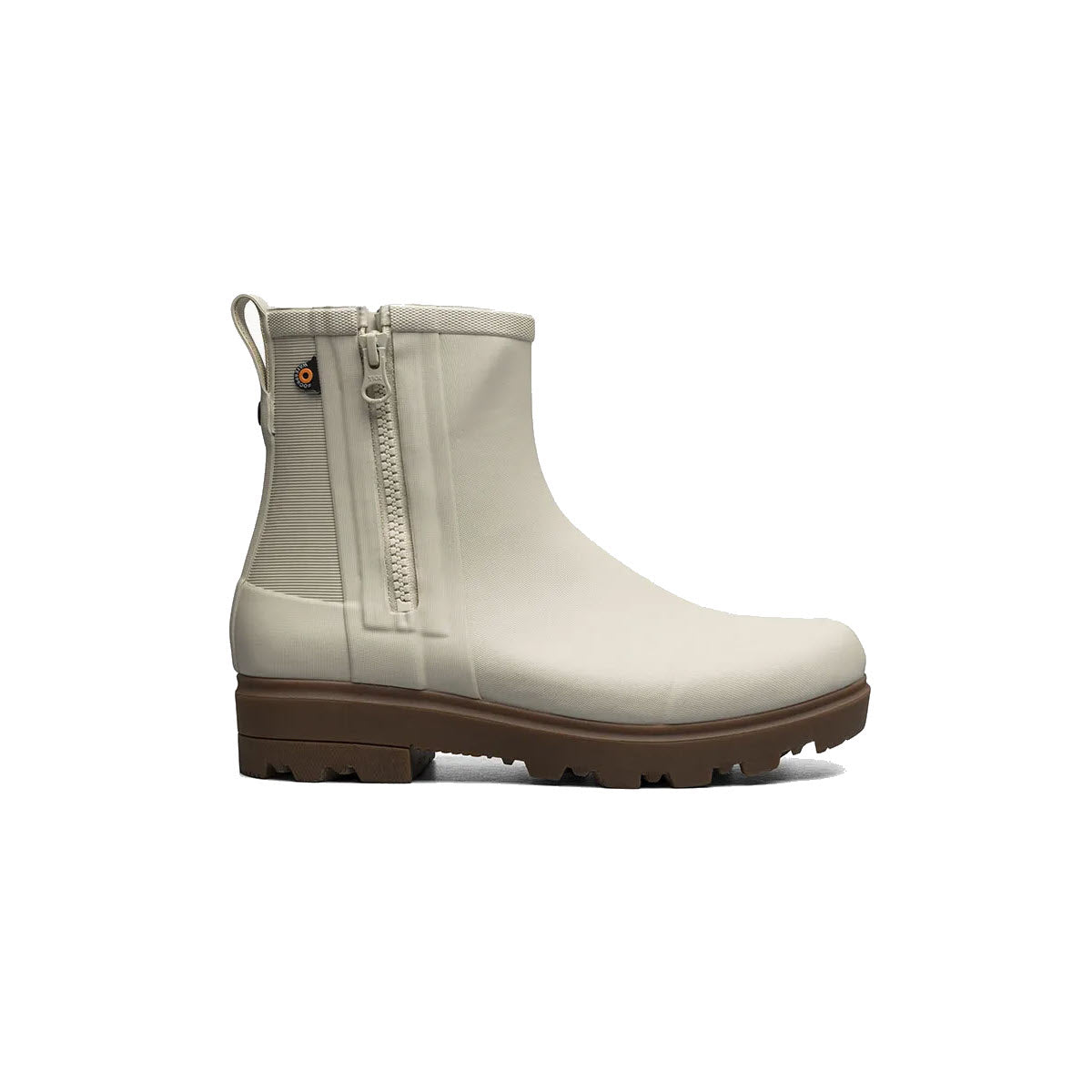 Cream-colored ankle boot with a waterproof design and chunky brown sole, displayed on a white background - BOGS HOLLY RAIN ZIP OATMEAL - WOMENS by Bogs.