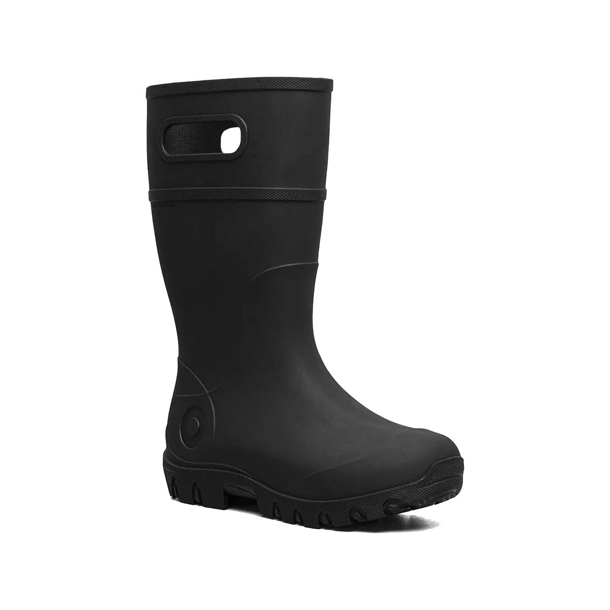 A single black BOGS ESSENTIAL RAIN TALL boot with a handle and waterproof construction on a white background.