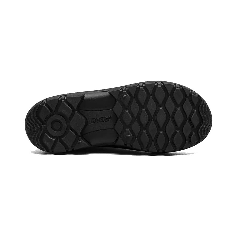 Sole of a black BOGS ESSENTIAL RAIN TALL shoe with a textured pattern and the word &quot;boss&quot; embossed in the center, featuring Bloom Algae footbeds, displayed on a white background.
