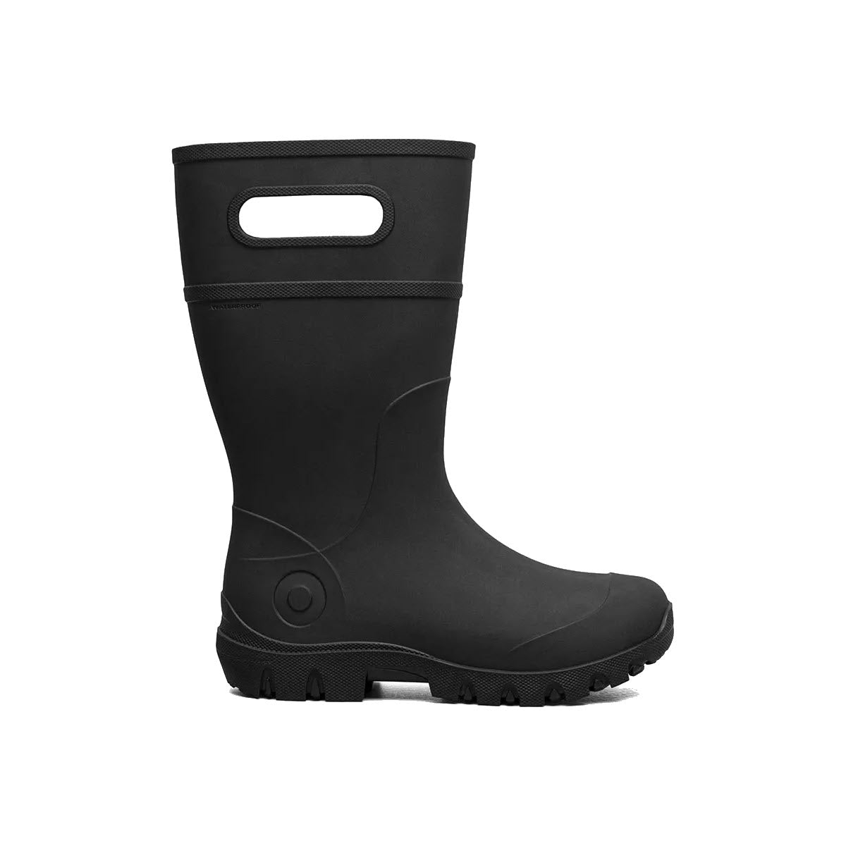 A black BOGS ESSENTIAL RAIN TALL BLACK - KIDS boot with a handle on the upper part and a rugged tread on the sole, isolated on a white background.