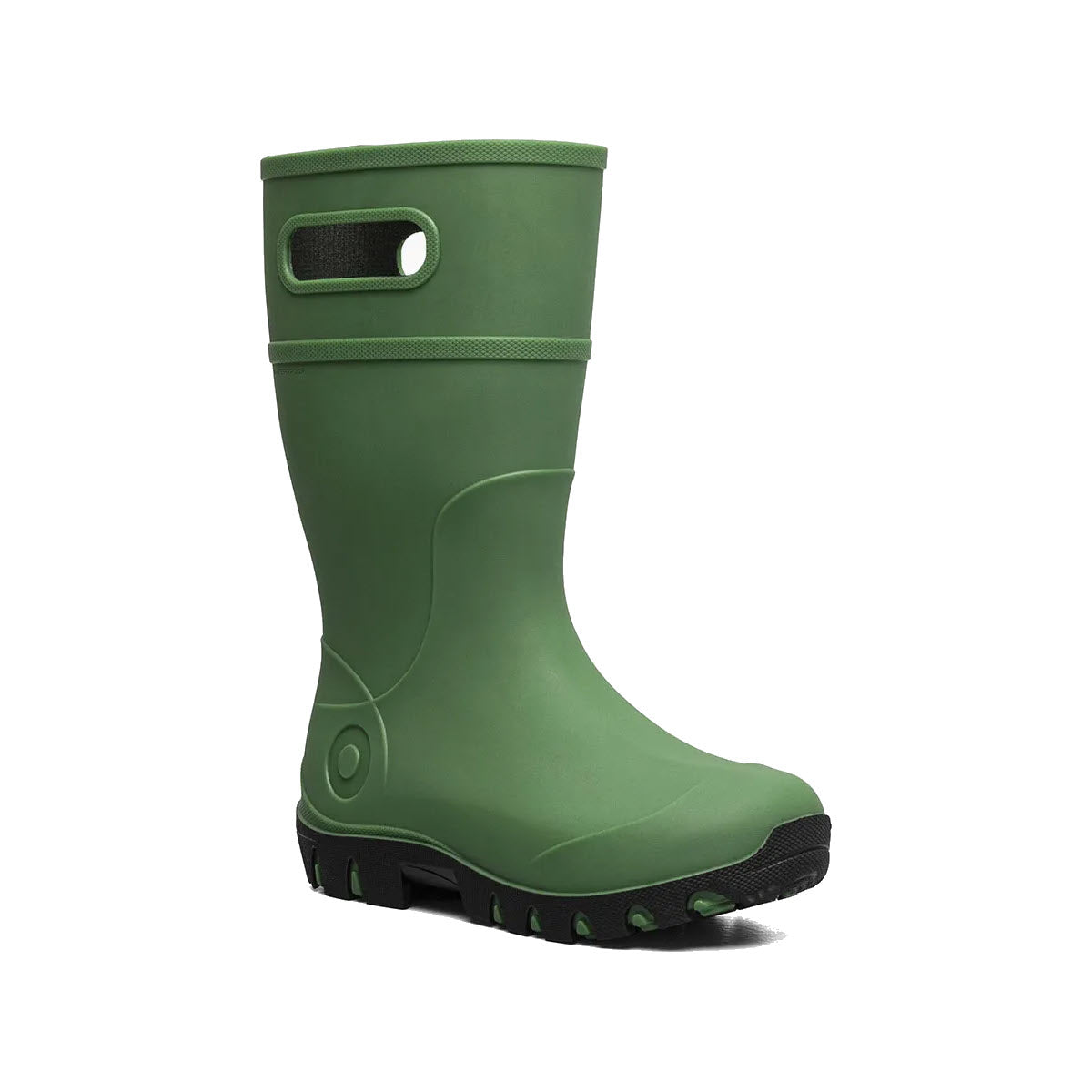 The Bogs Essential Rain Tall Grass - Kids boot is isolated on a white background, featuring a reinforced heel, space-age seamless construction, and a pull-on handle at the top.