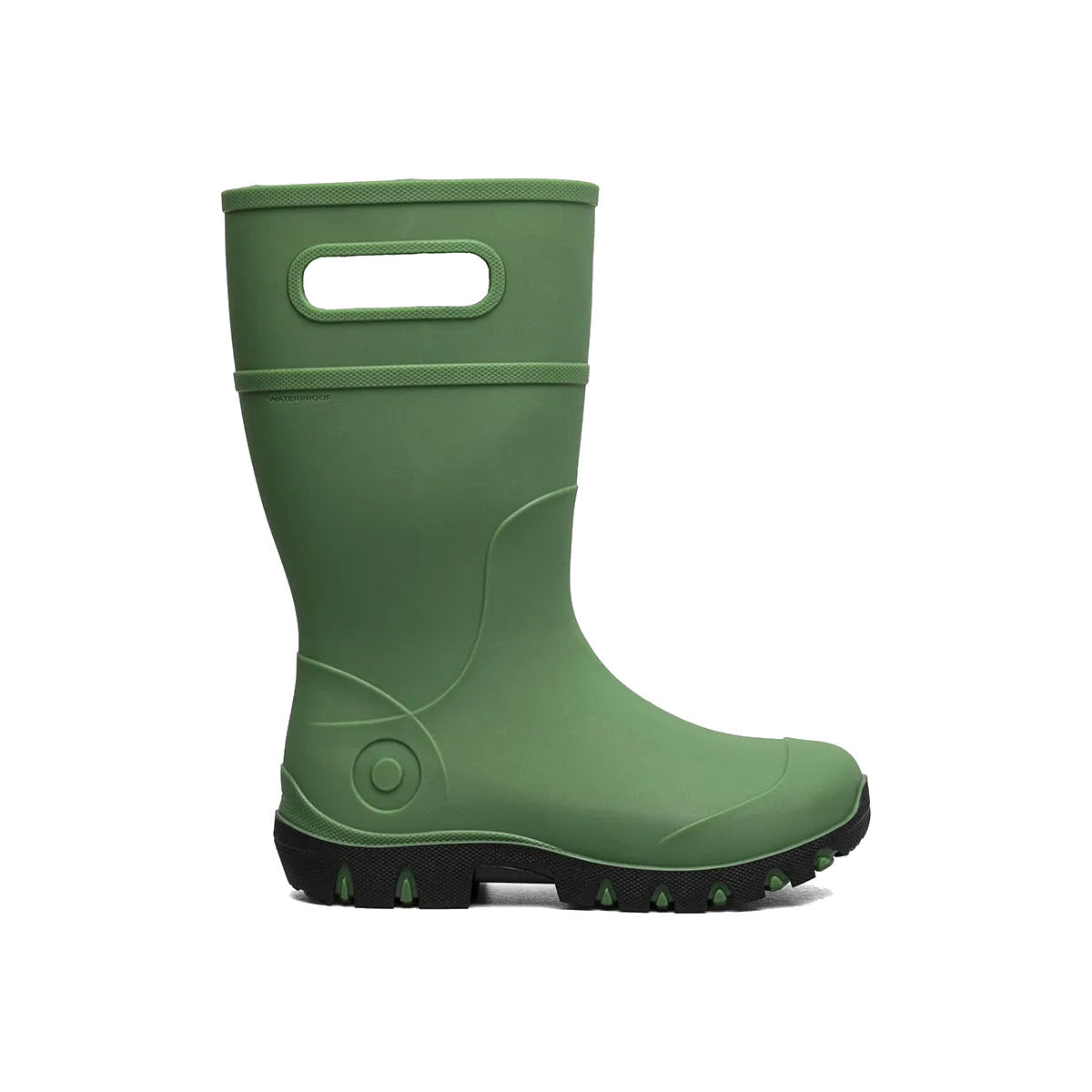 A green rubber boot with a handle on the top and a rugged sole, featuring space-age seamless construction, isolated on a white background - Bogs Essential Rain Tall Grass - Kids.