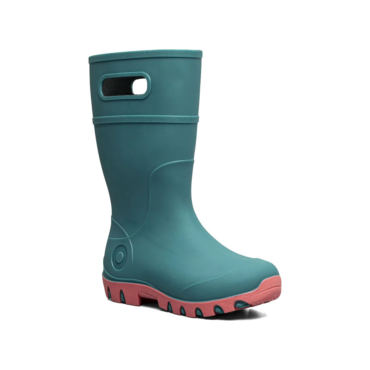 A teal rubber boot with a red sole and a handle at the top, featuring waterproof construction, isolated on a white background, like the BOGS ESSENTIAL RAIN TALL TURQUOISE - KIDS by Bogs.