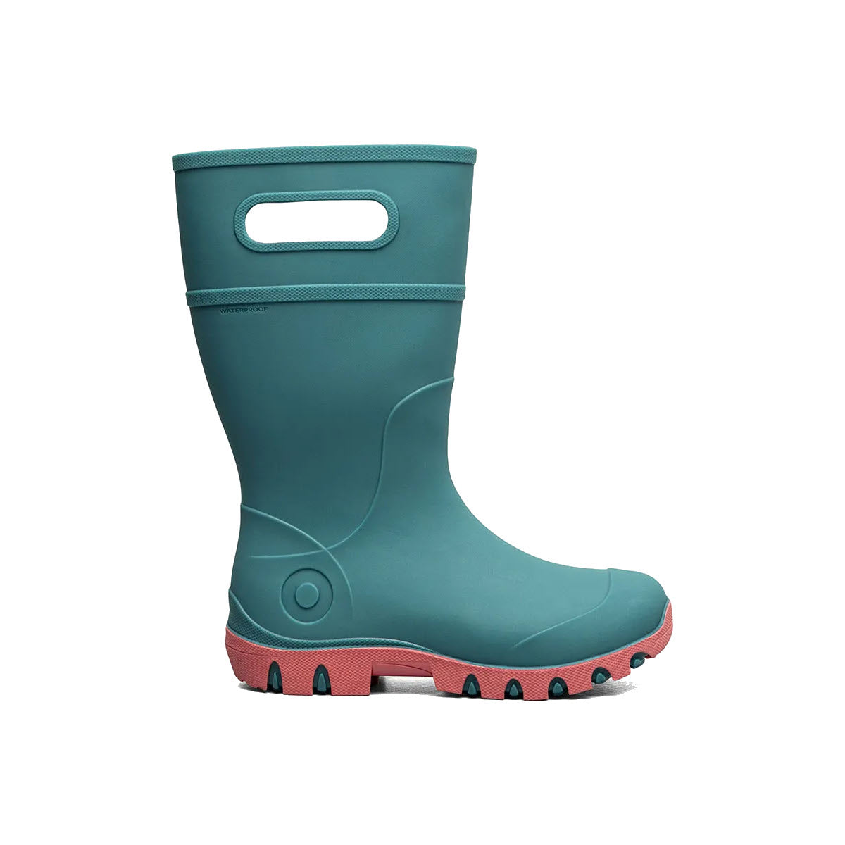 A Bogs teal rubber boot with a red sole and a handle built into the upper part, designed for easy wearing, features seamless construction, isolated on a white background.
