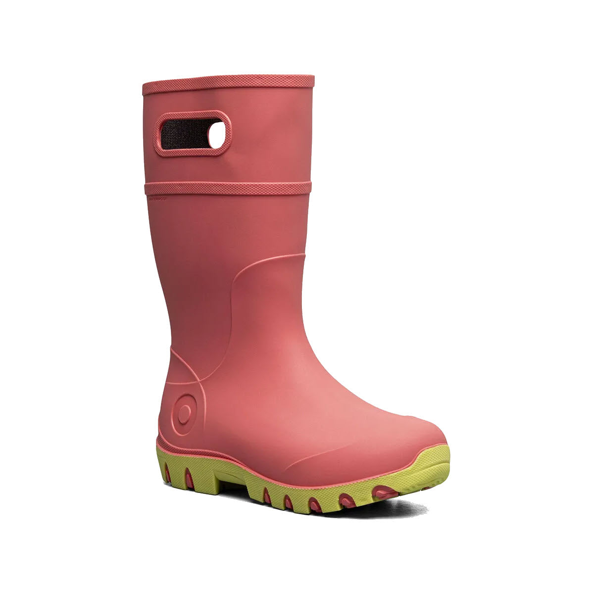 A single coral pink BOGS ESSENTIAL RAIN TALL PINK - KIDS rubber boot with a handle on the side and green soles, isolated on a white background.