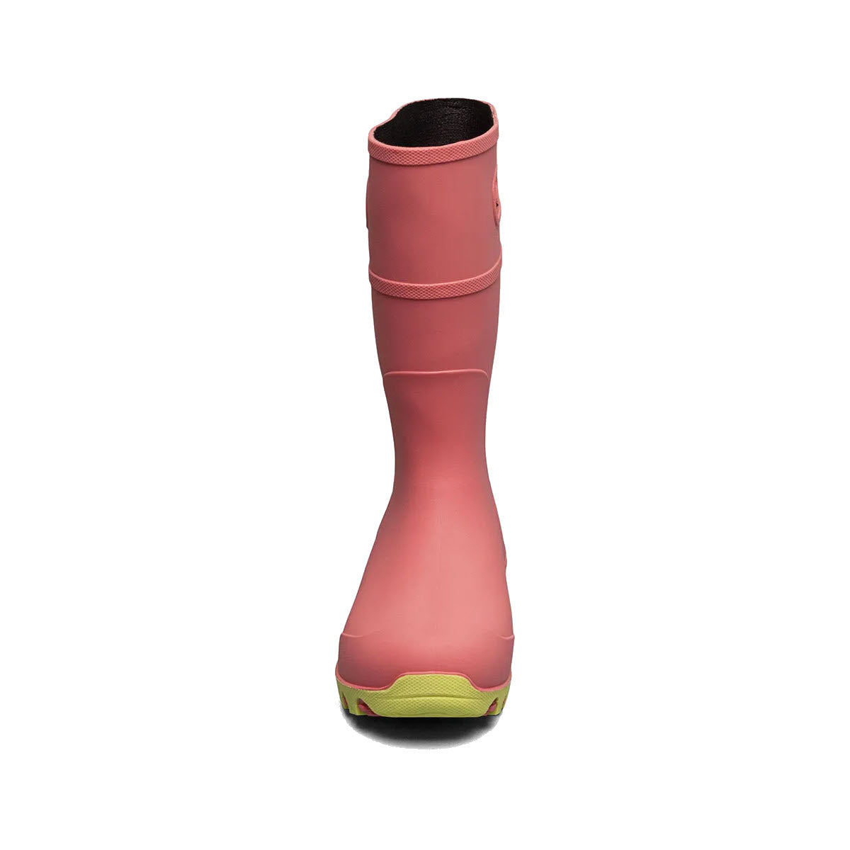 A single pink Bogs Essential Rain Tall boot viewed from the side, featuring a pull-on loop and green accents on the sole, with space-age seamless construction.