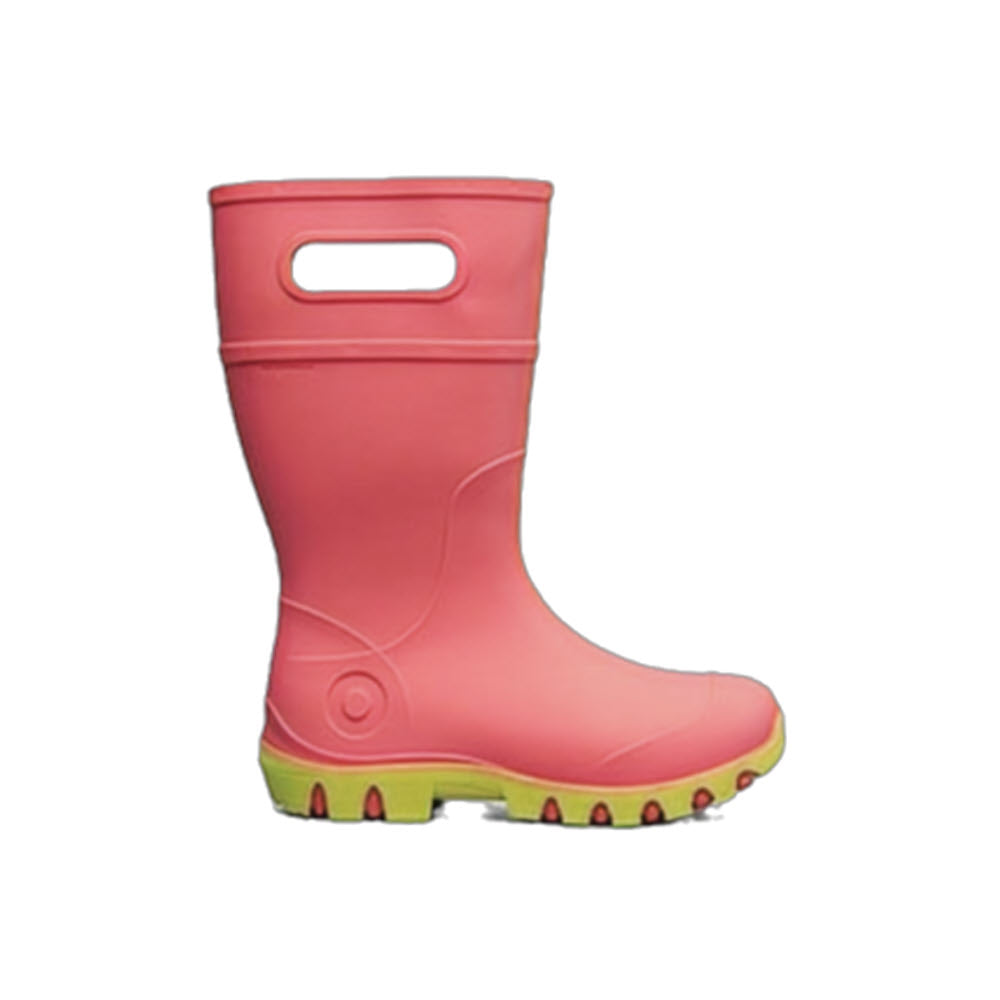 A single Bogs coral pink rubber boot with green soles and space-age seamless construction, designed with a handle at the top for easy wearing.
