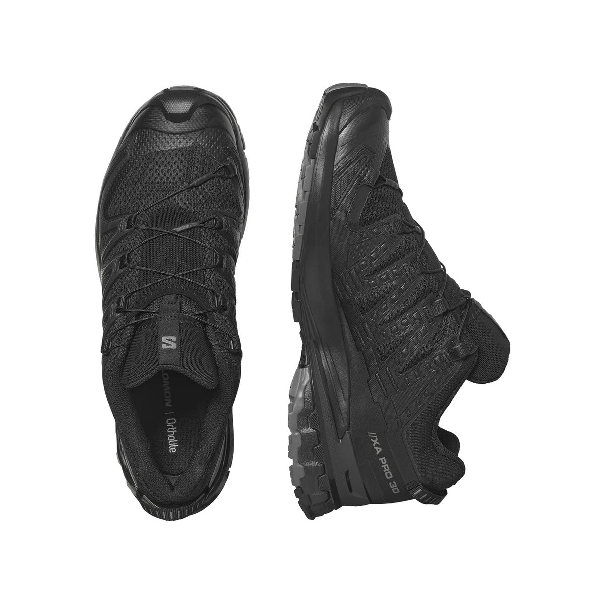 A pair of black Salomon XA PRO 3D V9 trail running shoes viewed from above, highlighting their rugged Contagrip soles and secure lacing system.