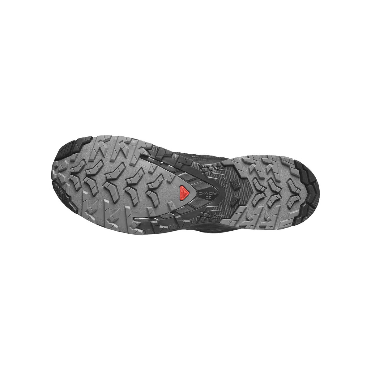 Sole of a Salomon XA Pro 3D V9 trail running boot featuring multi-directional tread patterns and a red triangular logo.