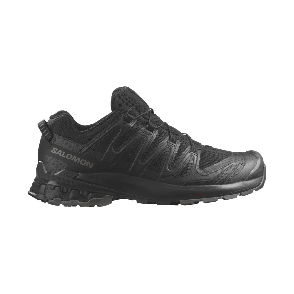 Black Salomon XA PRO 3D V9 trail running shoe with mesh upper and Contagrip aggressive tread, displayed on a white background.