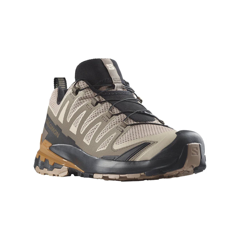 Side view of a Salomon SALOMON XA PRO 3D V9 NATURAL/BLACK/SUGAR ALMOND - MENS hiking shoe featuring a gray and black design with a sturdy sole and reinforced toe cap.