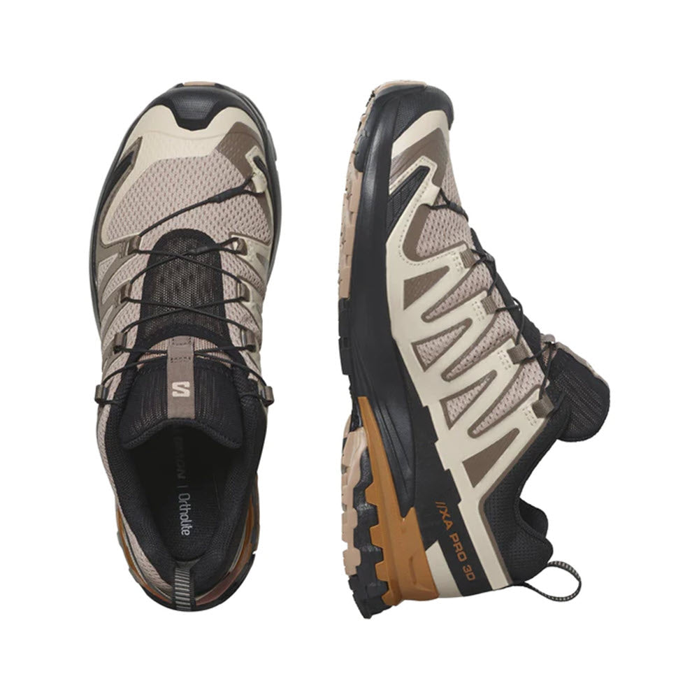 A pair of Salomon XA Pro 3D V9 Natural/Black/Sugar Almond trail running shoes displayed from above and the side, featuring beige and black colors with rugged soles.