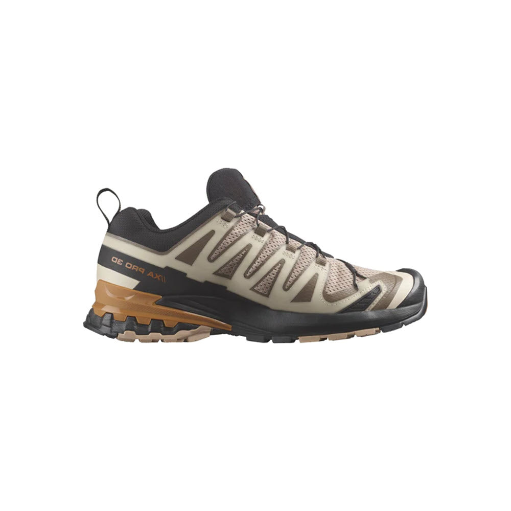 A side view of a Salomon XA PRO 3D V9 NATURAL/BLACK/SUGAR ALMOND - MENS hiking shoe with beige and black design, featuring a robust All Terrain Contagrip tread and labeled &quot;gore-tex&quot; on the side.