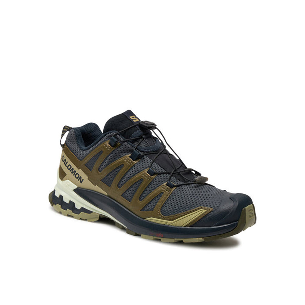 A single Salomon XA PRO 3D V9 trail running shoe with a blue and brown color scheme on a white background.